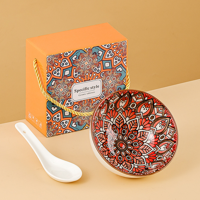 Bohemian-style ceramic bowl set for home use, underglaze colored tableware gift box with spoon, single bowl gift box
