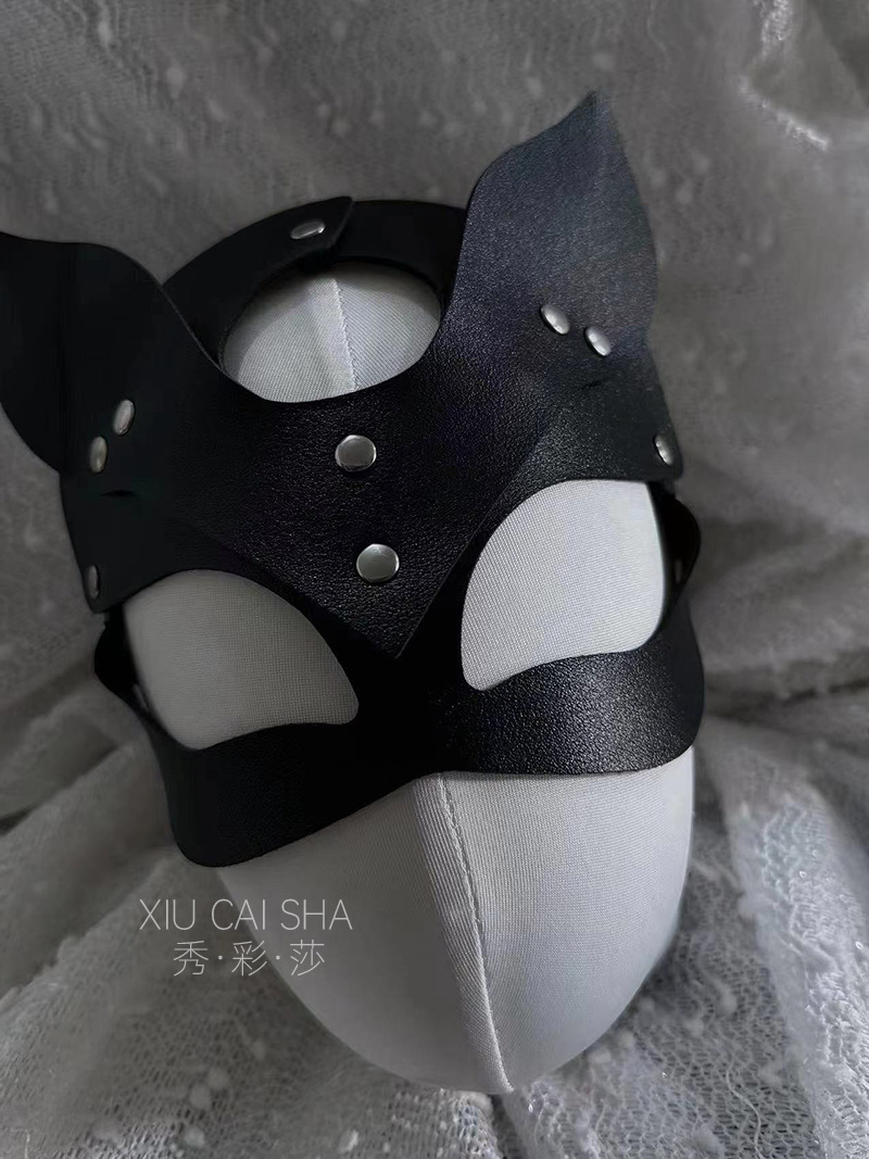Leather Rabbit Eye Mask Hood, Black Flirting Blindfold Accessory — detail image 5