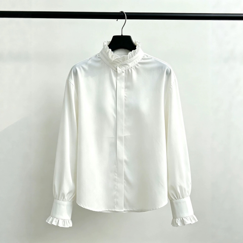 2026 New French-Style Ruffled Stand-Collar White Shirt, Minimalist High-End Satin Wrinkle-Resistant Commuter Loose Slimming Shirt 2026 New French-Style Ruffled Stand-Collar White Shirt, Minimalist High-End Satin Wrinkle-Resistant Commuter Loose Slimming Shirt