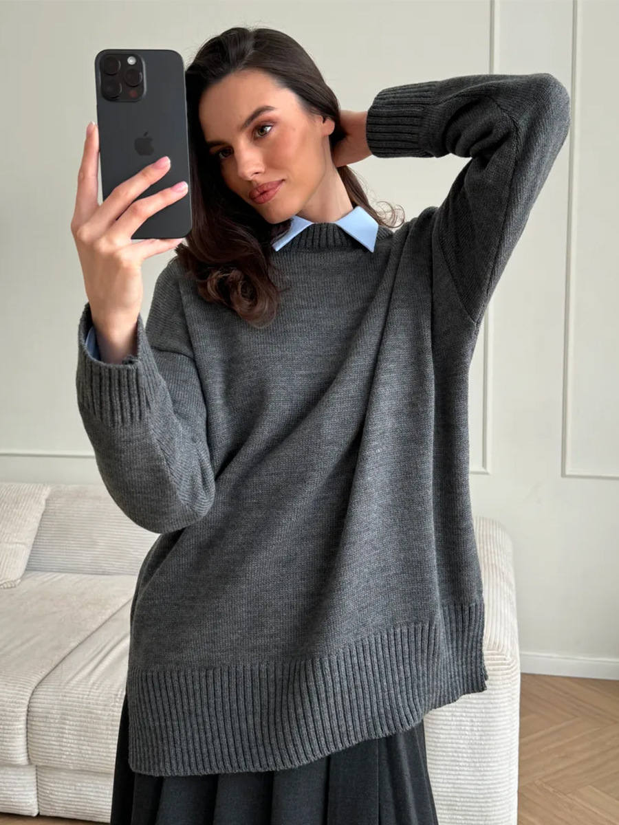 Suéter de cuello redondo transfronterizo Europa y los Estados Unidos 2025 otoño y invierno bifurcado camiseta de punto de color sólido universal cálido suéter casual mujer image 3