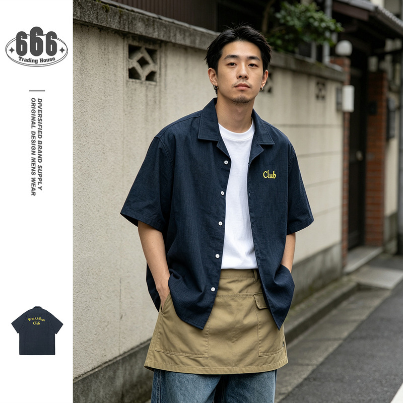 Undevan Japanese Retro Lapel Work Shirt Loose Fit Men's Trendy Embroidered Shirt Jacket Cs06