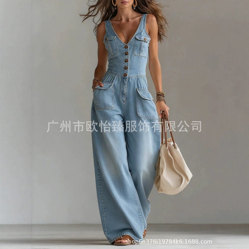 European and American Independent Websites Amazon Aliexpress 2026 Summer New Denim Washed Pocket Vest Jumpsuit