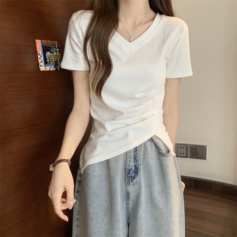 Sentido del diseño de la camiseta de manga corta de nicho para mujer verano nuevo estilo suelto y delgado de gran tamaño puro estilo abierto camisa de fondo