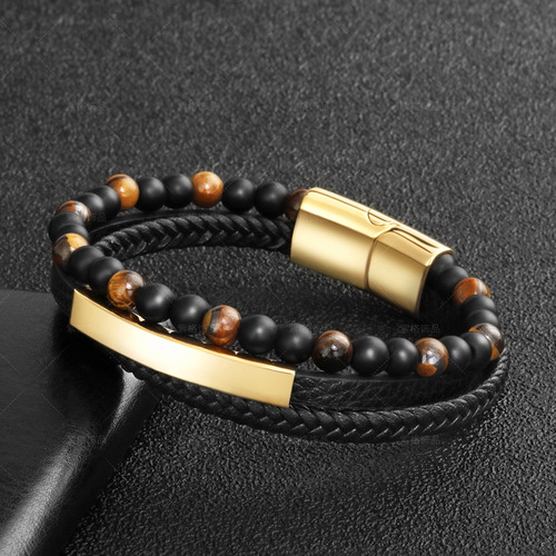Amazon Tiger Eye Natural Stone Bead Bracelet Leather Rope Braided Bracelet Multi-layer Men's Cowhide Black Bracelet