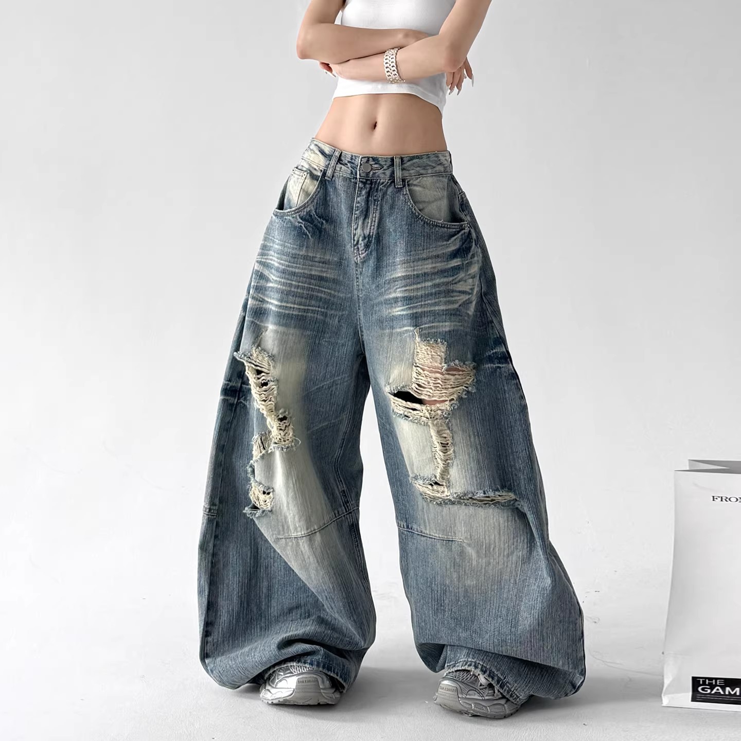 Women's Dark Blue Ripped Wide Leg Jeans Slimming Street Style Floor Length Pants Summer New Design_mkmklike.com