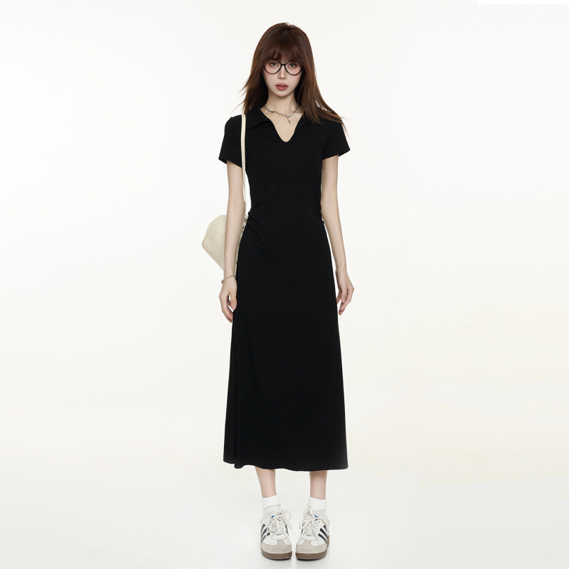 Black short-sleeved V-neck lapel dress for women, 2026 summer Korean style, petite waist-cinching slimming elegant A-line long dress