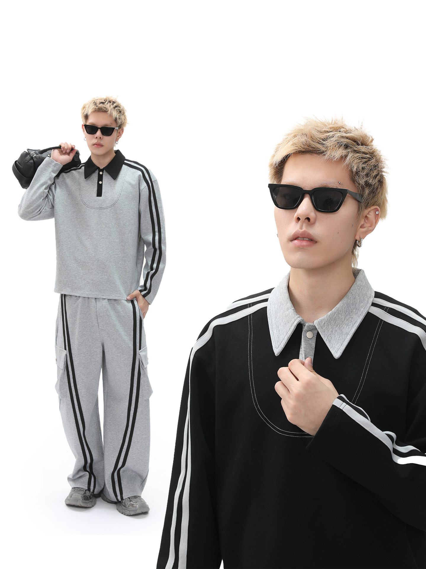 MTLCLOTHES Hombres| American College Retro Stripes Polo Shirt Sleeve Sets