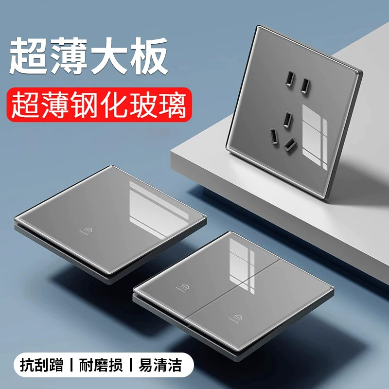 Подтусклый тип 86 домашних закаленных стеклянных выключателей розетки панели оптом с одной открытой розеткой с пятью отверстиями