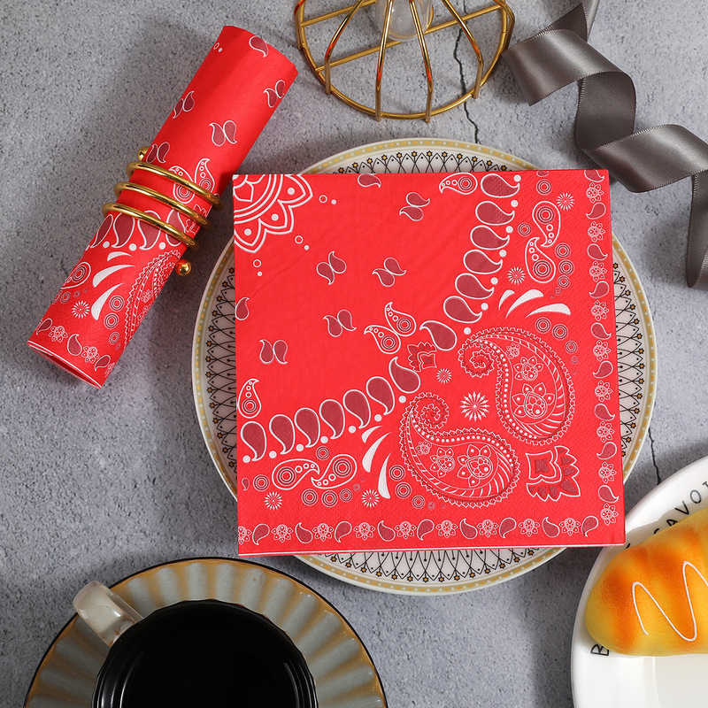 Zj058-7 Red Cashew Flower Square Paper Towels Party Festival Paper Towels Tableware Party Pattern Disposable Paper Towels