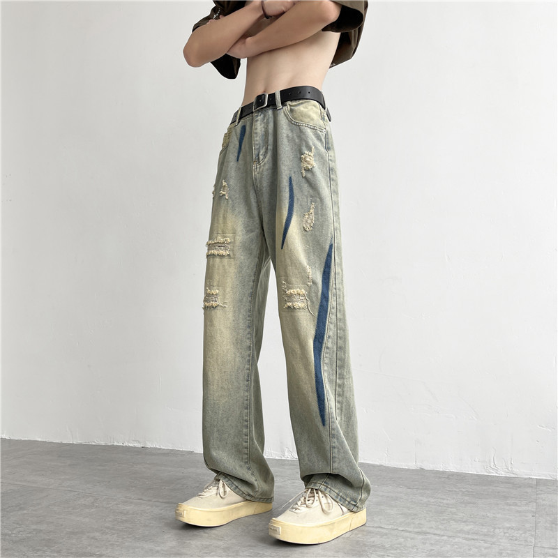 Yellow Mud Jeans Men's Summer Thin Loose Straight Pants American High Street Washed Ripped Wide Leg Vibe Pants