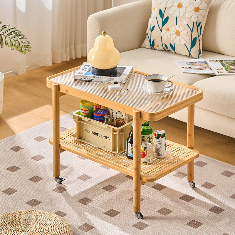 Sala de estar, sofá móvil, mesa lateral, carrito de vidrio japonés, estante de ratán, armario lateral de madera maciza, mesa pequeña en el balcón