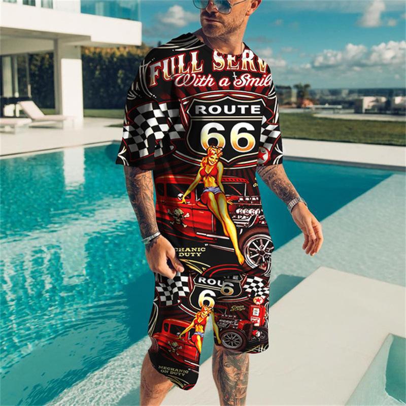 남자의 여름 캐주얼 짧은 소매 세트 3D 인쇄 패션 힙합 O 칼라 셔츠 비치 반바지 패션 남성