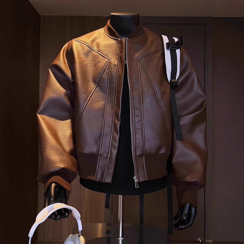 Hong Kong Style Retro Motorcycle Jacket for Men, Autumn Stylish Vintage Baseball Collar Pu Leather Jacket