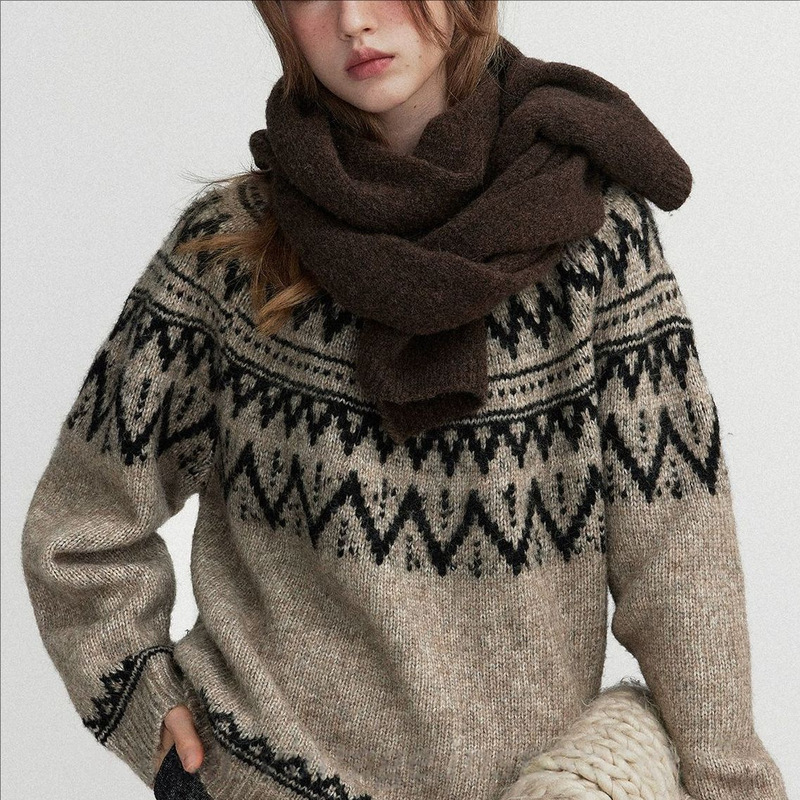 Lem Iceland Is Snowy' Retro Fluffy High Alpaca Geometric Plaid Fair Isle Crew Neck Sweater for Women