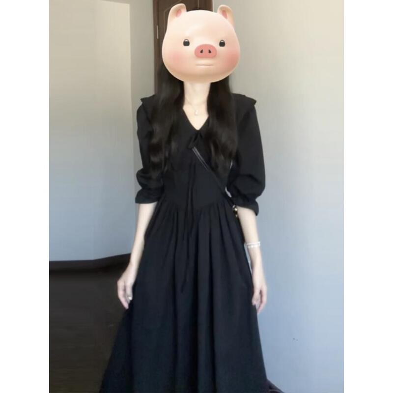 Lightly Mature Style Doll Collar Black Dress for Women, New Spring and Summer Style, Waist-Cinching, Slimming, Elegant French Style, Super Popular Long Dress Lightly Mature Style Doll Collar Black Dress for Women, New Spring and Summer Style, Waist-Cinching, Slimming, Elegant French Style, Super Popular Long Dress