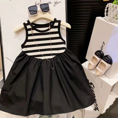 Korean-style Girls' Striped Base Vest with Patchwork Design, Chic Princess-Style Sleeveless Dress – 2023 Summer New Collection