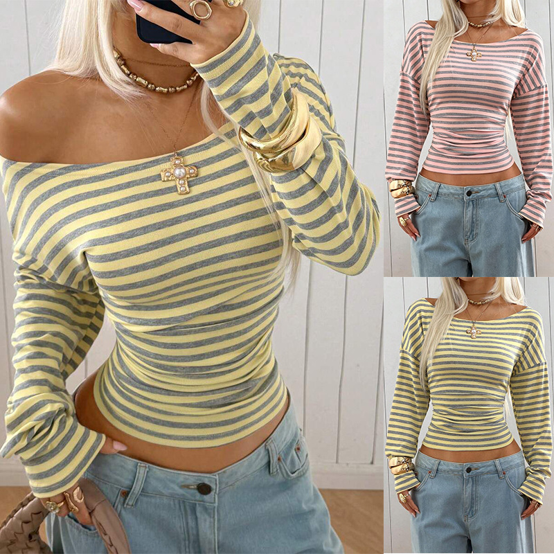 Europa y los Estados Unidos transfronterizos Amazon TikTok2026 nuevos productos para mujeres un collar de cintura retraída rayas camiseta de manga larga image 1