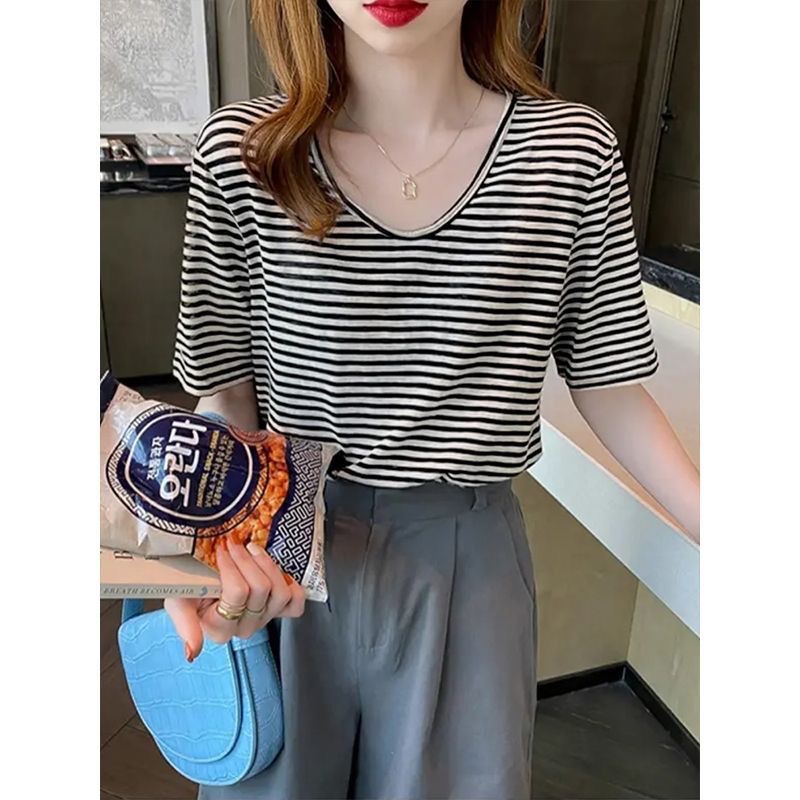 Camiseta de rayas de manga corta de cuello en U para mujeres 2026 verano nuevo estilo coreano suelto delgado hombro superior estudiantil camiseta universal