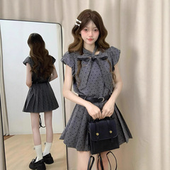 miu 財閥娘グレー水玉ドレスレディースサマーカレッジスタイルスイートリボンウエストプリーツスカート