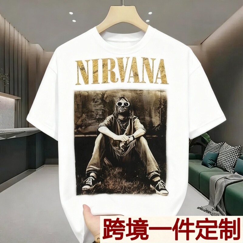 European and American Rock Style Nirvana Band Themed T-Shirt for Men, Summer Fashion Printed Top, Loose Trendy Brand Short-Sleeve European and American Rock Style Nirvana Band Themed T-Shirt for Men, Summer Fashion Printed Top, Loose Trendy Brand Short-Sleeve