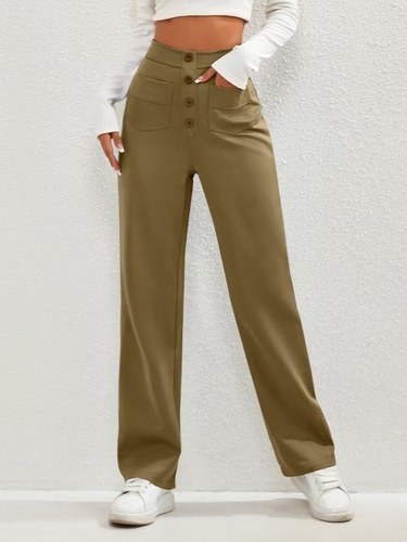 2025 New European and American-style Fashion Women's Black Casual Straight Pants with High Waist, Buttons, Elasticity, and Multiple Pockets