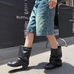 2025年新款黑色美拉德中筒靴女西部靴机车马丁靴褶皱堆堆靴女