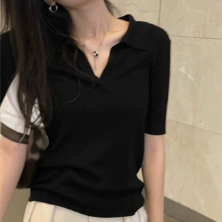 法式POLO衫翻领针织上衣女2025夏季短袖时尚冰丝薄款辣妹上衣