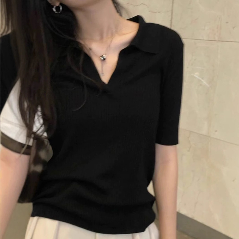 French Polo Shirt Lapel Knitted Top for Women 2025 Summer Short-Sleeved Fashion Ice Silk Thin Sexy Top