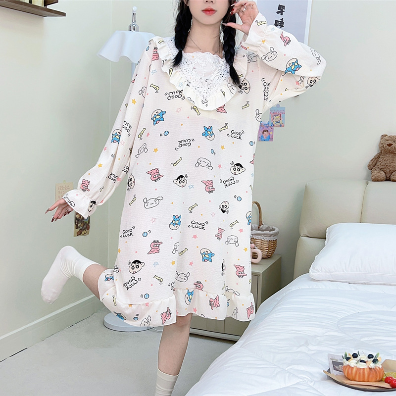 Pijama de primavera y otoño espuma tejida tela arrugada pijama de manga larga princesa vestido de estilo suelto vestido de ropa de hogar