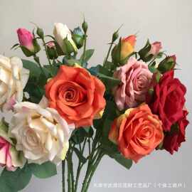 三头角玫瑰仿真花月季假花 花瓶绢花摆件欧式家居餐厅插 跨境外贸