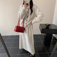 韩系秋冬新款针织套装女手工穿绳圆领针织开衫半身裙气质两件套女