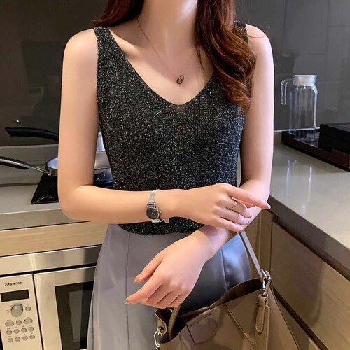 Korean version of camisole for women in spring and summer, bright silk bottoming shirt, ice silk knitted v-neck sexy tight top for outer wear