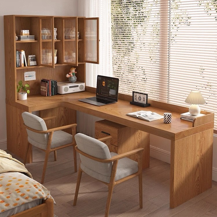 Glass Cabinet Door, All-Solid Wood Corner Desk, Bookcase, Integrated Computer Desk, Children's Study Table, L-Shaped Corner Office Desk