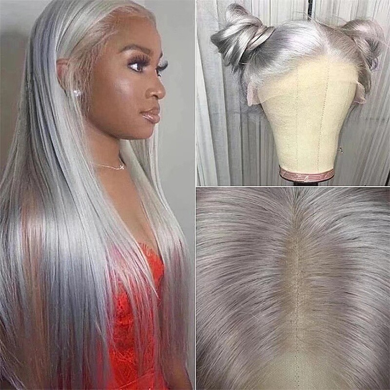 Foreign Trade Silver-Gray Lace Front Wig, Long Straight Hair Wig with Middle Parting, Synthetic Fiber Wig, Fashionable, Natural, Breathable