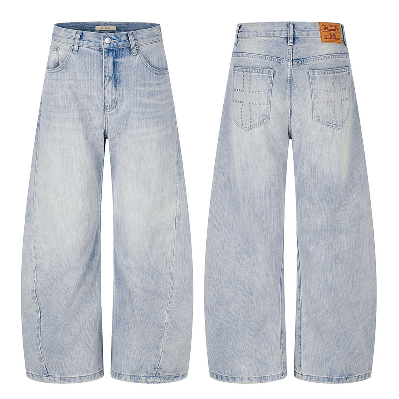 Tuochuan Ck9837 American Retro Washed Scimitar Jeans for Men and Women, Loose Deconstructed Bamboo Texture Casual Wide-Leg Pants