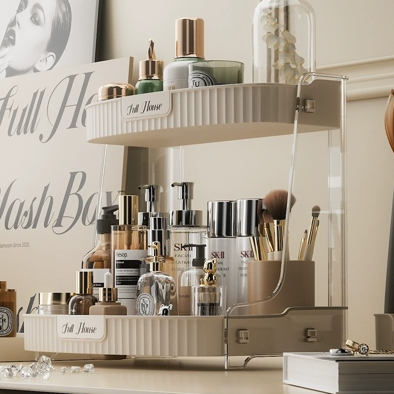 Cosmetic Storage Box 8001, Cream Dressing Table Organizer, Single or Double Layer, Light Luxury