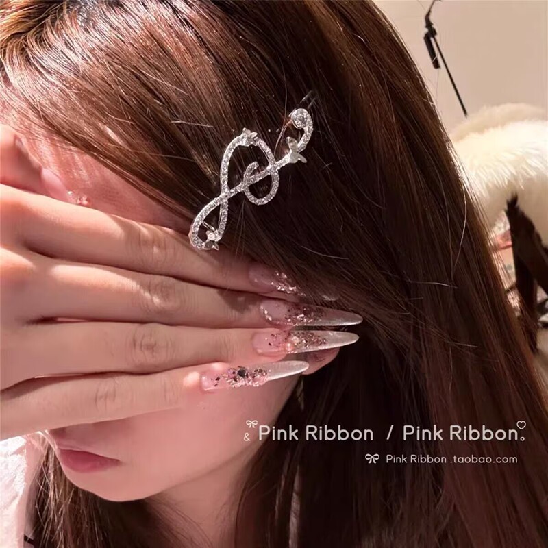 Simple and exquisite music symbol rhinestone silver hair clip, new niche design, musical note fringe clip, hair clip for stray hairs Simple and exquisite music symbol rhinestone silver hair clip, new niche design, musical note fringe clip, hair clip for stray hairs