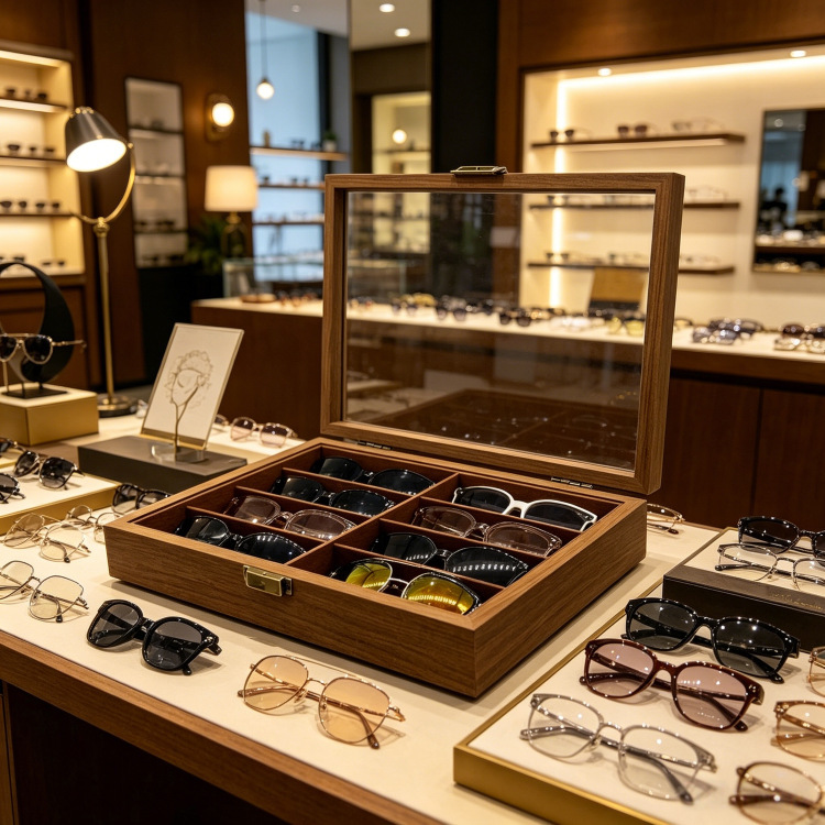 Black Walnut Wood 8-Slot Glasses Storage and Display Box, 8-Slot Sunglasses Storage Box, Glasses Display Box
