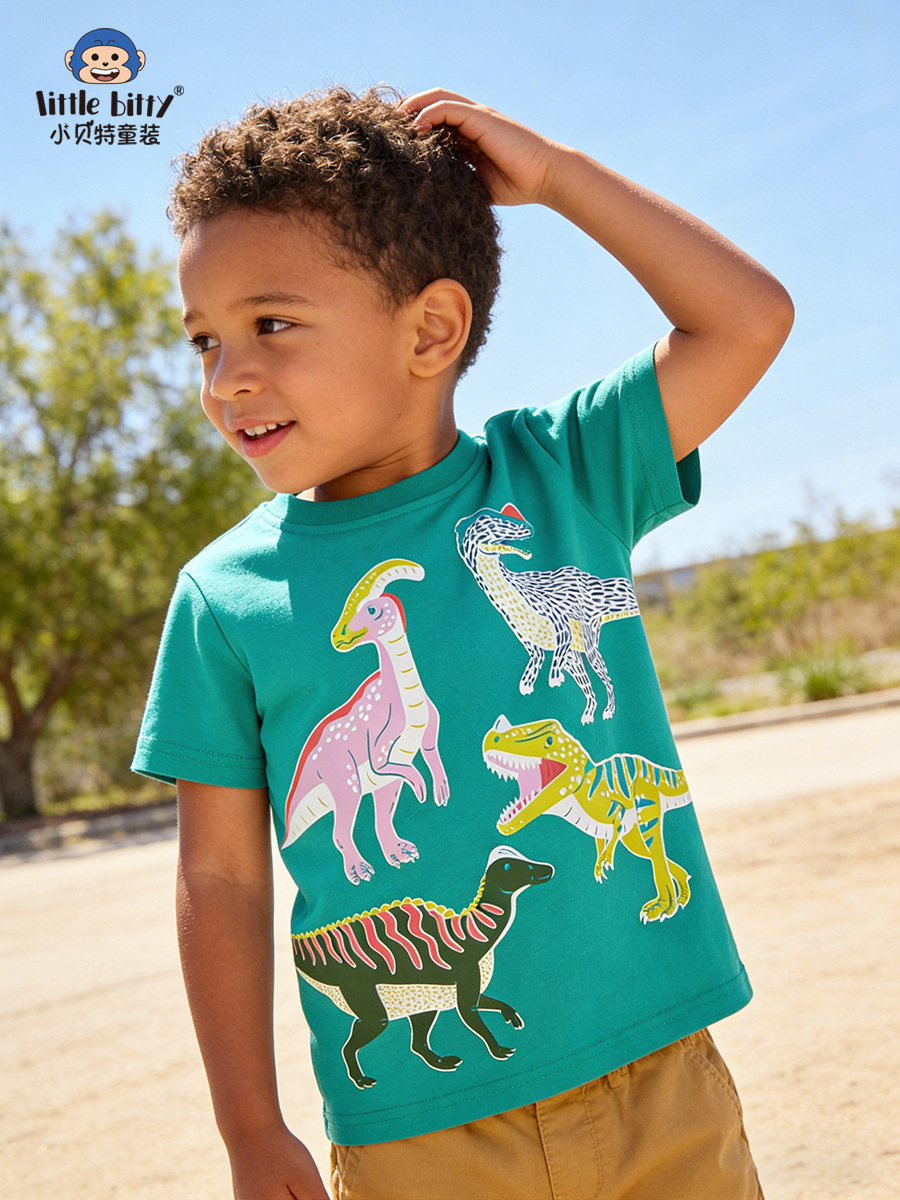 European and American Cross-Border New 2026 Spring/Summer Children's Cartoon Dinosaur Round-Neck Printed Short-Sleeve T-Shirt for Young Children