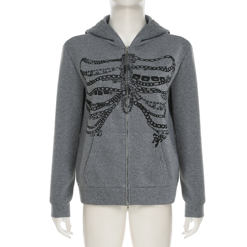 Culture Chain Bone Print Loose Hooded Sweatshirt Sexy Street Niche Casual Zipper Thin Coat