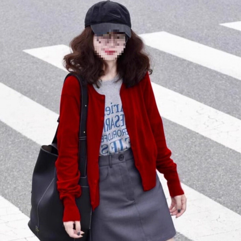 黑色短款圆领针织开衫女显白春季小个子外套慵懒软糯毛衣外搭上衣|undefined