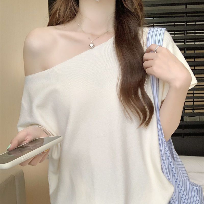 不規則な薄いオフショルダーニットTシャツレディース夏ドーパミンレイジールーズスリム半袖斜め肩トップ|undefined