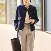 23年新款韩版牛仔外套女宽松休闲减龄立领设计款开衫外套工装外套