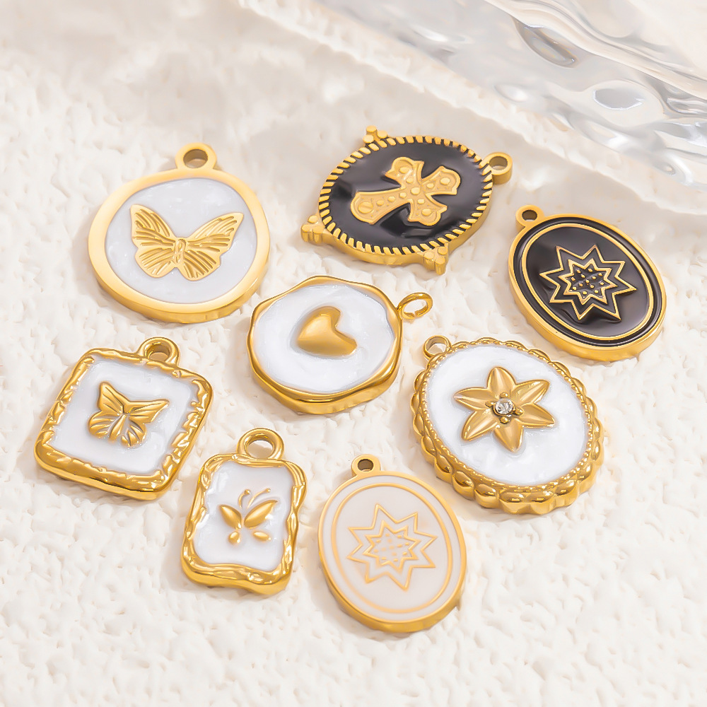 3g Weight 1 Piece 8.9mm 304 Stainless Steel Zircon PVD Coated Real Gold Plated Cross Heart Shape Butterfly Pendant DIY Jewelry Accessories