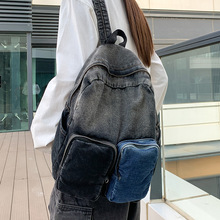 现货牛仔简约双肩包复古日系ins新款学生上课书包韩轻便休闲背包