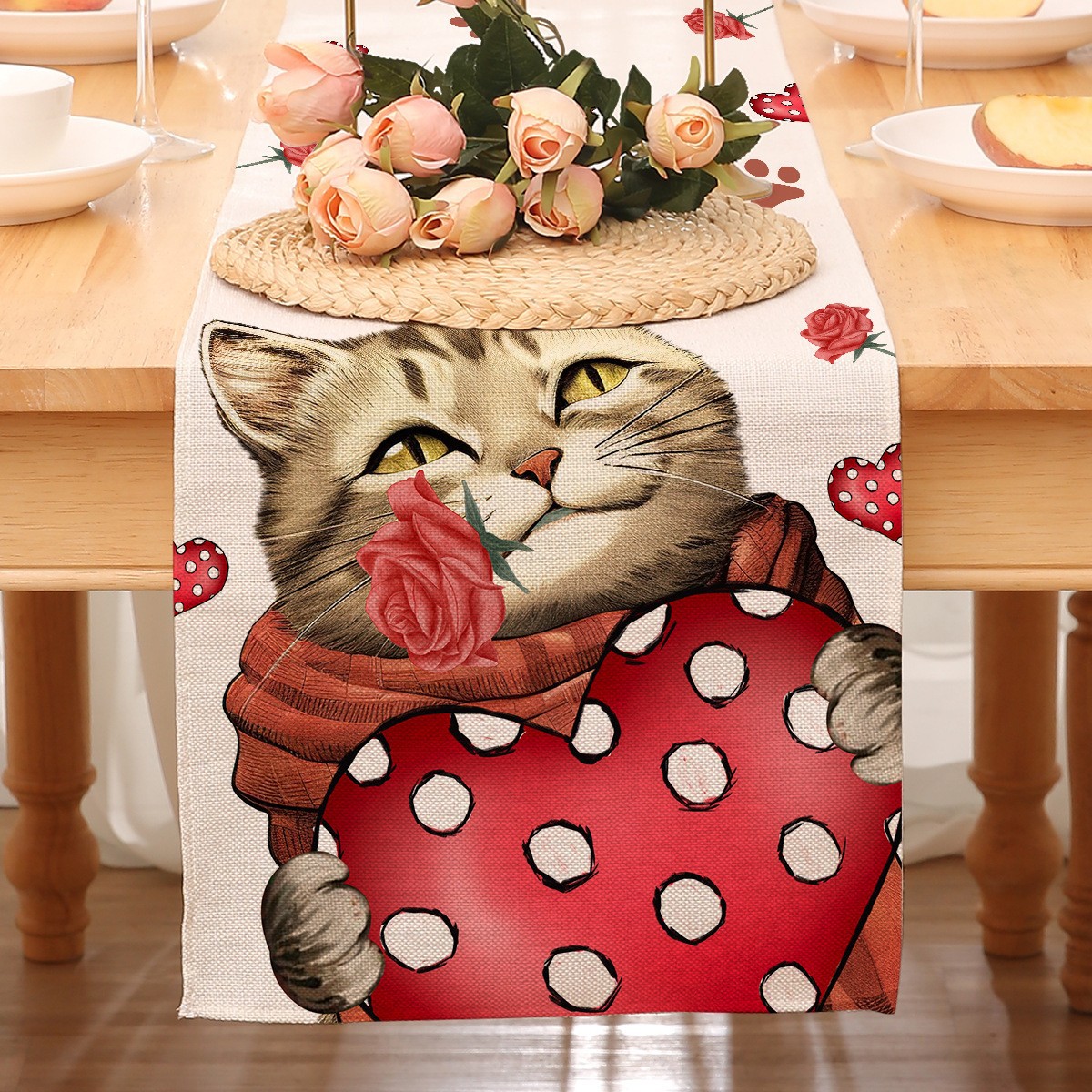 Camino de mesa temático de San Valentín para decoración transfronteriza, mantel rojo estampado de Amazon, decoración de restaurante, estilo nórdico, decoración del hogar, tira larga