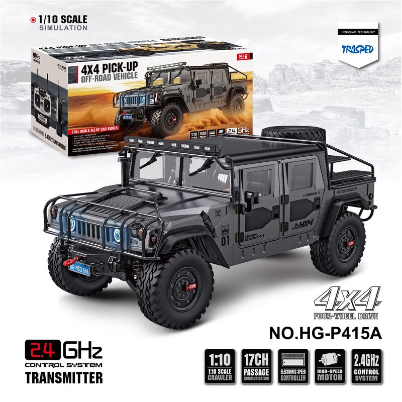 Hengguan New 1/10 full-scale metal simulation P415A Hummer H1 pickup light winch smoke remote control car
