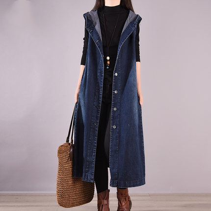 Long denim dress sleevless with hood