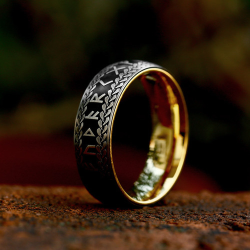 beier European and American retro Viking letters fashionable and simple titanium steel ring foreign trade retro stainless steel electroplated ring