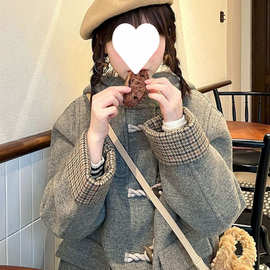 灰色牛角扣连帽呢子大衣女秋冬新款常规款小众小个子加厚毛呢外套